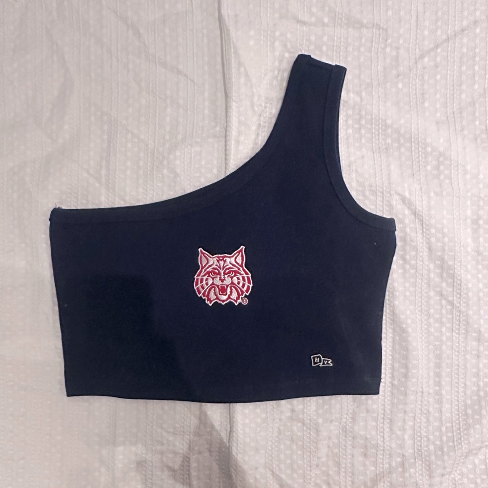 One-Shoulder Navy Cropped Tank with Red Wilbur University of Arizona - M